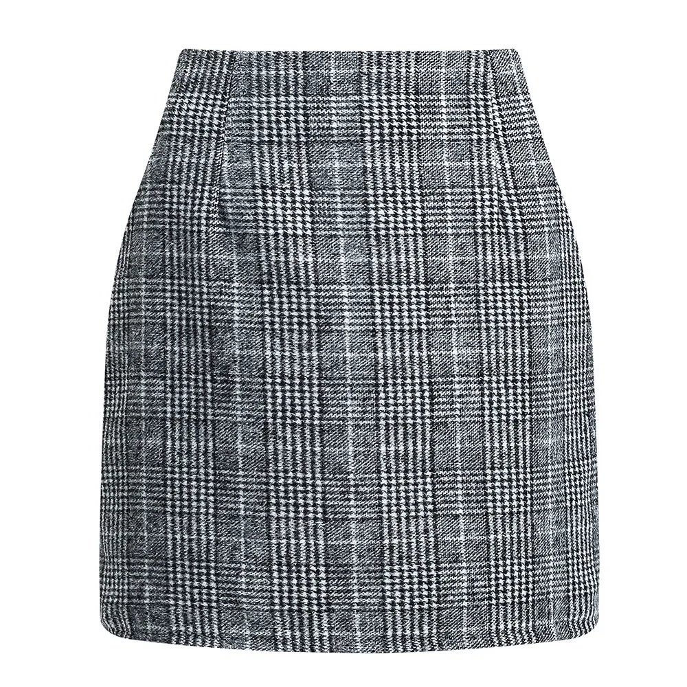 Women's high waisted plaid pencil wool mini skirt