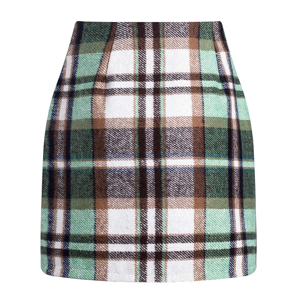 Women's high waisted plaid pencil wool mini skirt