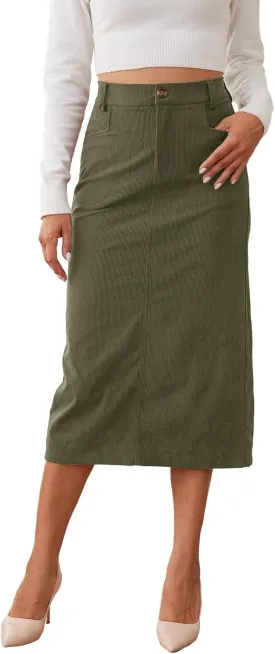 Womens Midi Corduroy Skirt Pencil Elastic High Waisted Back Slit Winter Long Skirts for Women with Pocket