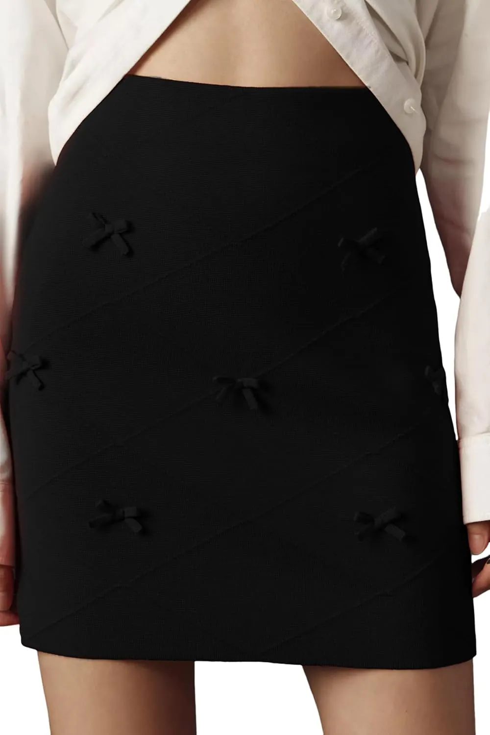 Women's Mini Skirt High Waist A-Line Stretch Knit Slim Fit Pencil Solid Skirts Cute Bow Front Skirt