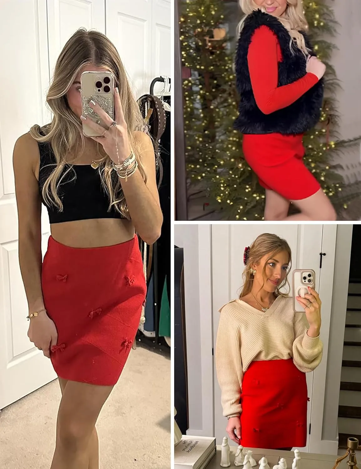 Women's Mini Skirt High Waist A-Line Stretch Knit Slim Fit Pencil Solid Skirts Cute Bow Front Skirt