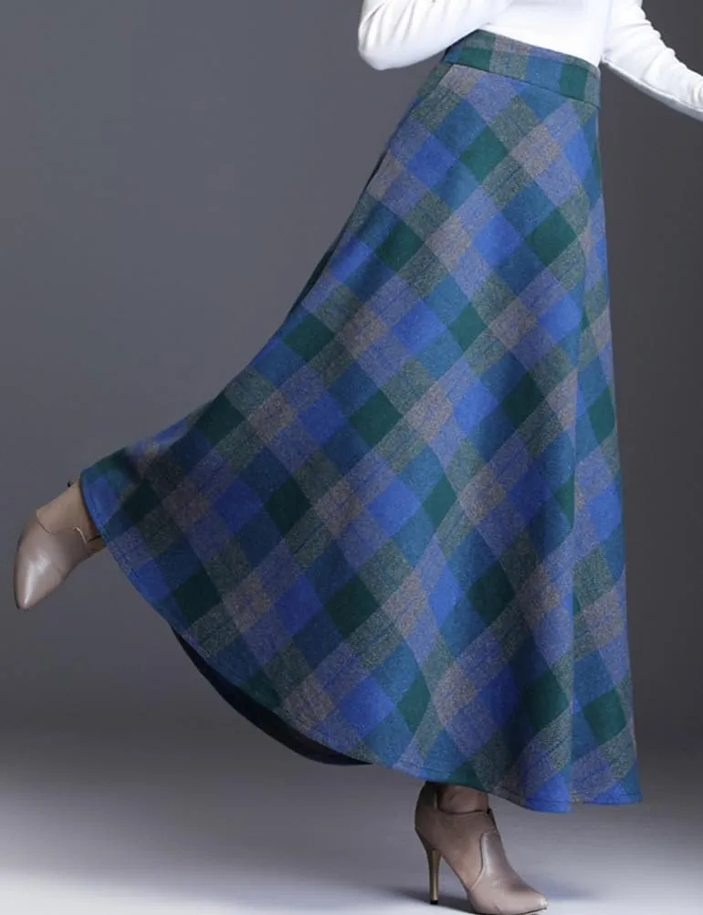 Women's Plaid Skirt Warm Elastic Waist Wool A-Line Pleated Tartan Winter Long Skirts