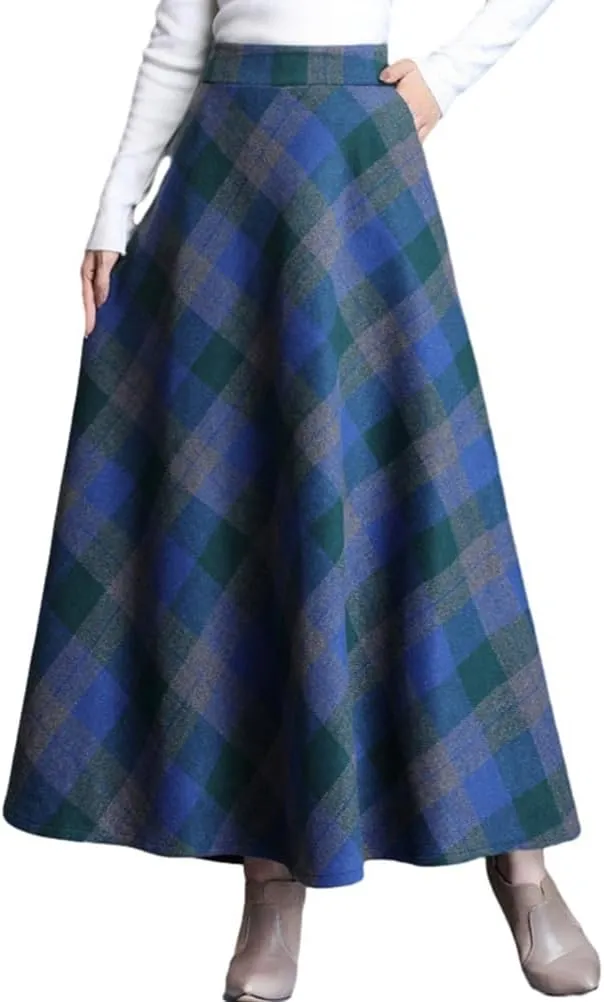 Women's Plaid Skirt Warm Elastic Waist Wool A-Line Pleated Tartan Winter Long Skirts