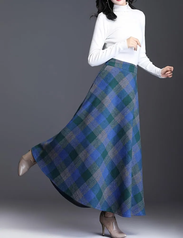 Women's Plaid Skirt Warm Elastic Waist Wool A-Line Pleated Tartan Winter Long Skirts
