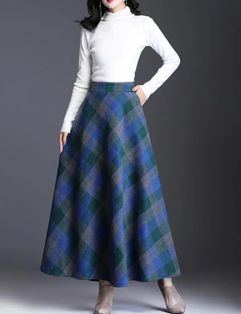 Women's Plaid Skirt Warm Elastic Waist Wool A-Line Pleated Tartan Winter Long Skirts