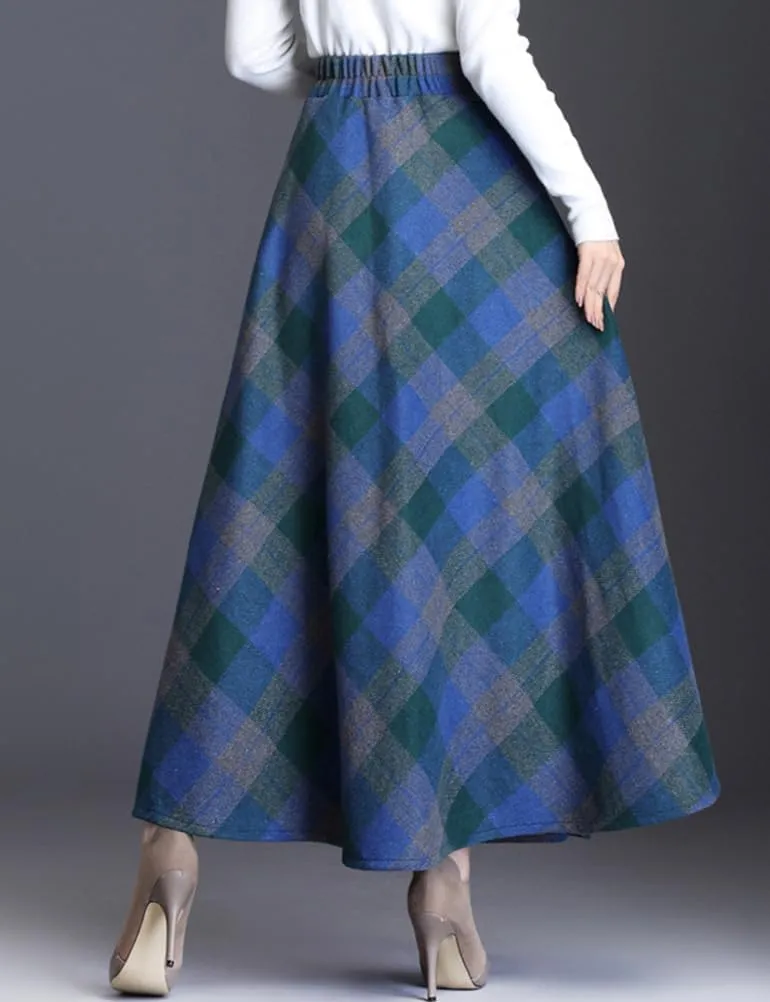 Women's Plaid Skirt Warm Elastic Waist Wool A-Line Pleated Tartan Winter Long Skirts