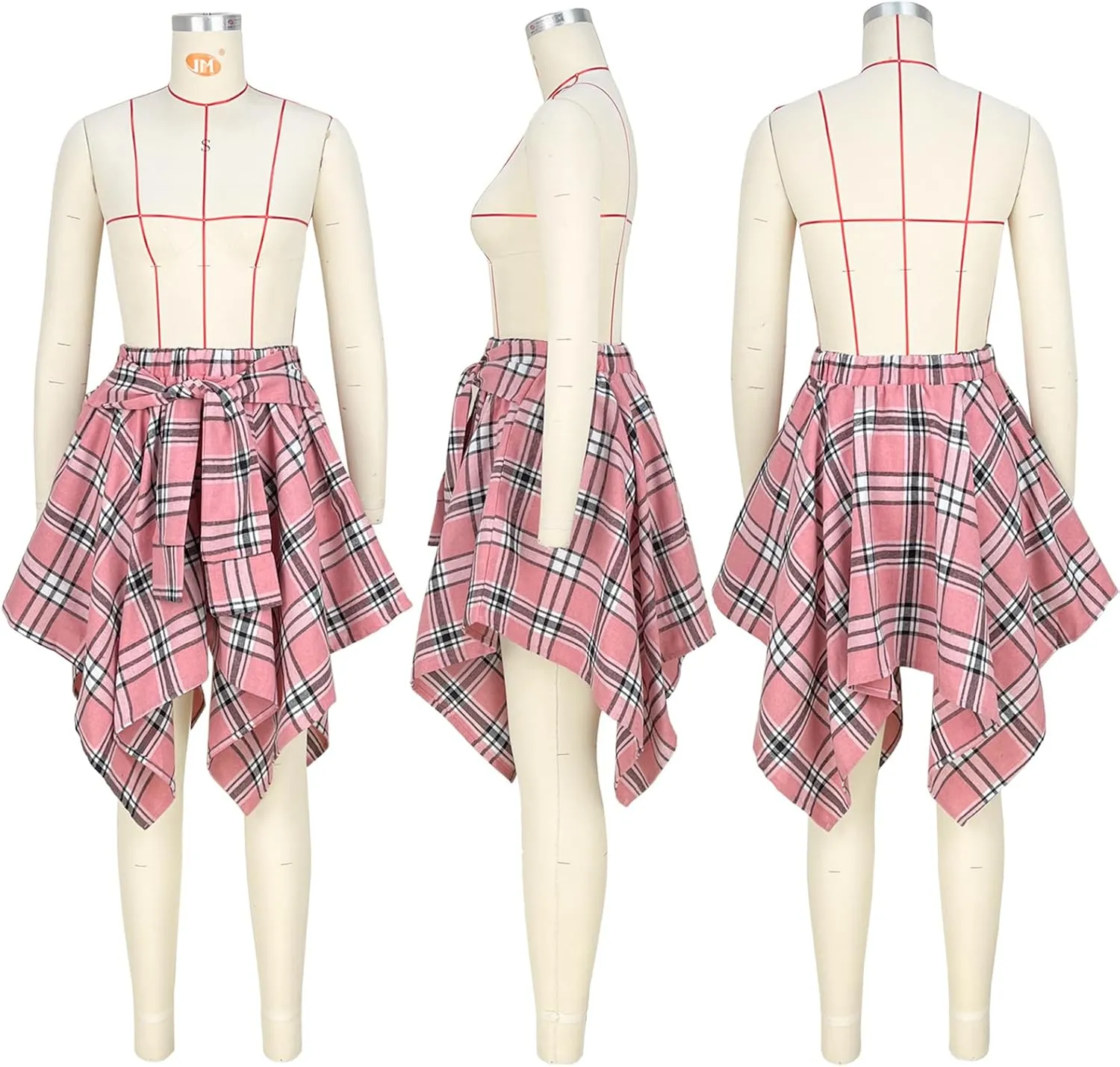 Women's Plaid Skirts High Waisted Knot Front Asymmetrical Hem Mini Skater Skirt