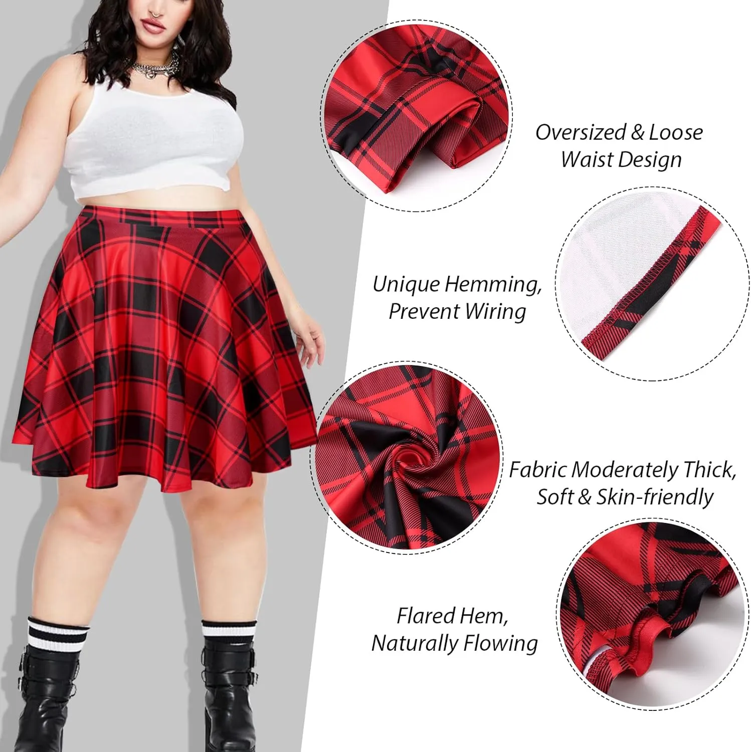 Women's Plus Size Mini Plaid Skirt- Basic High Waisted Flared Casual Stretchy Pleated Skater Skirts