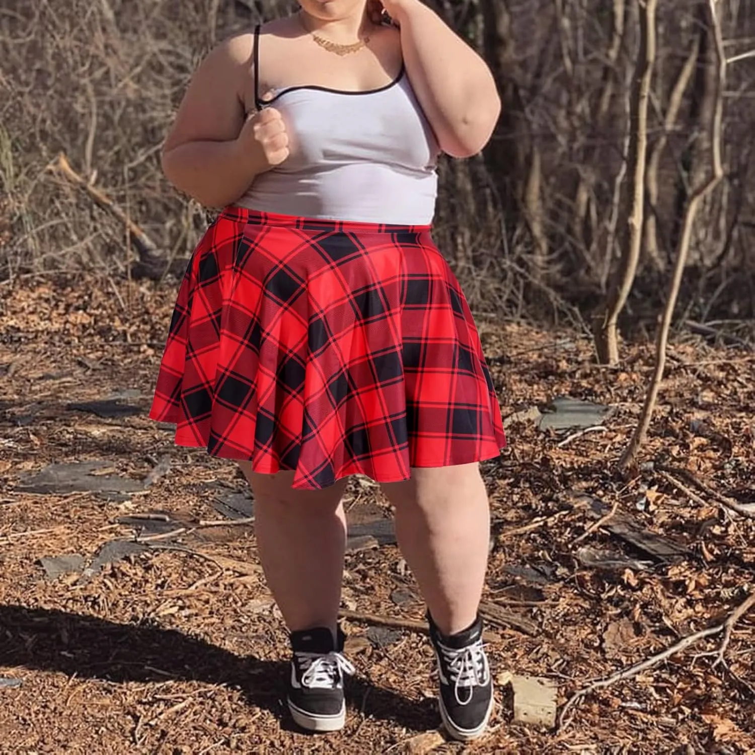 Women's Plus Size Mini Plaid Skirt- Basic High Waisted Flared Casual Stretchy Pleated Skater Skirts
