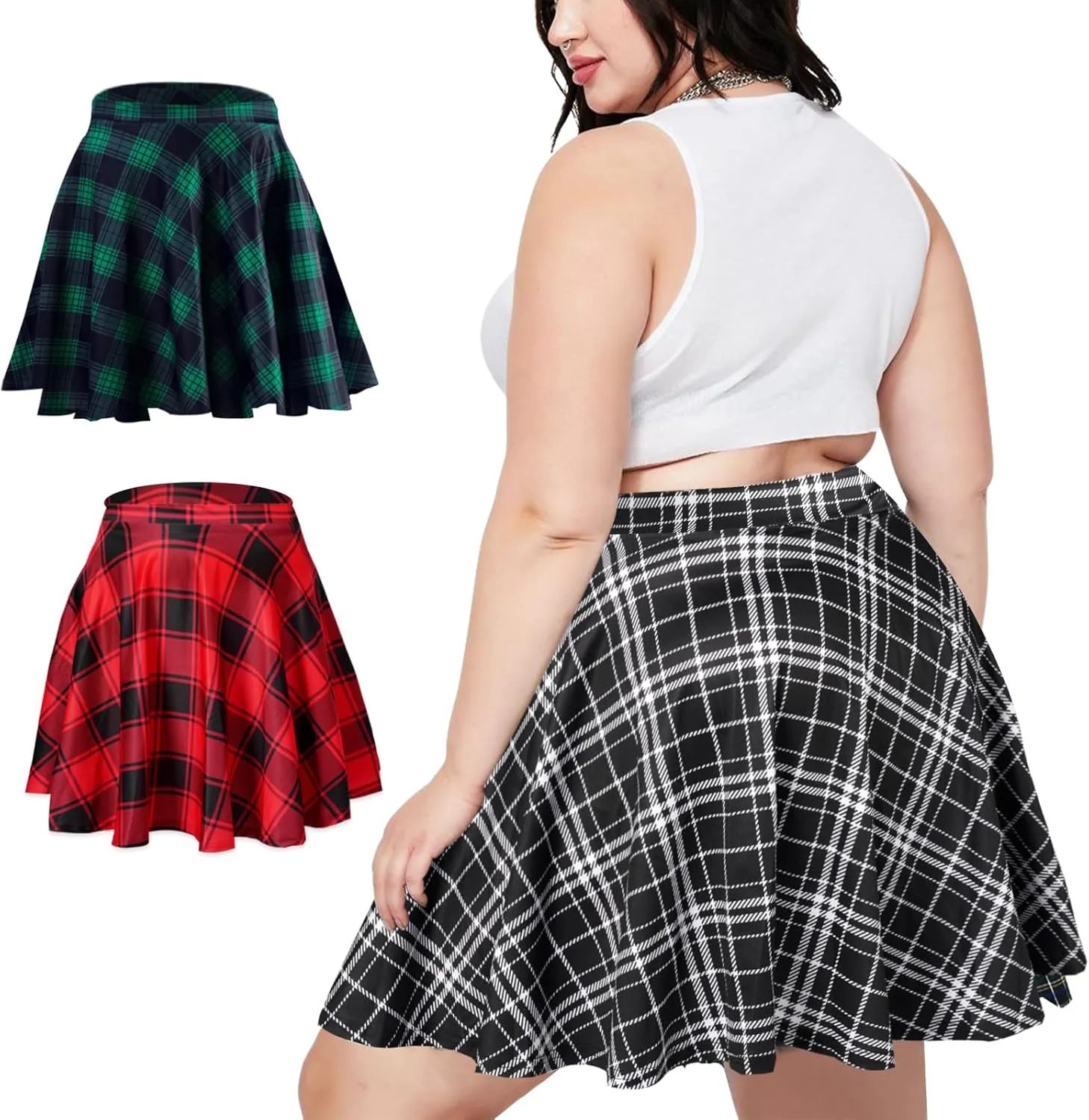 Women's Plus Size Mini Plaid Skirt- Basic High Waisted Flared Casual Stretchy Pleated Skater Skirts
