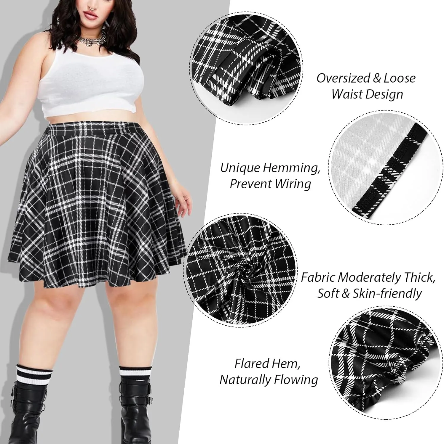 Women's Plus Size Mini Plaid Skirt- Basic High Waisted Flared Casual Stretchy Pleated Skater Skirts