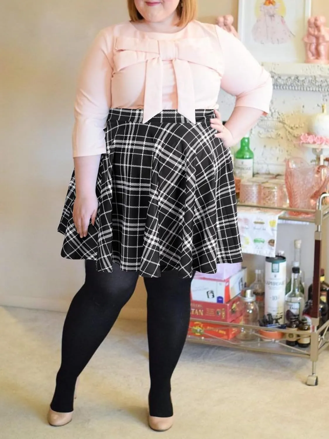 Women's Plus Size Mini Plaid Skirt- Basic High Waisted Flared Casual Stretchy Pleated Skater Skirts