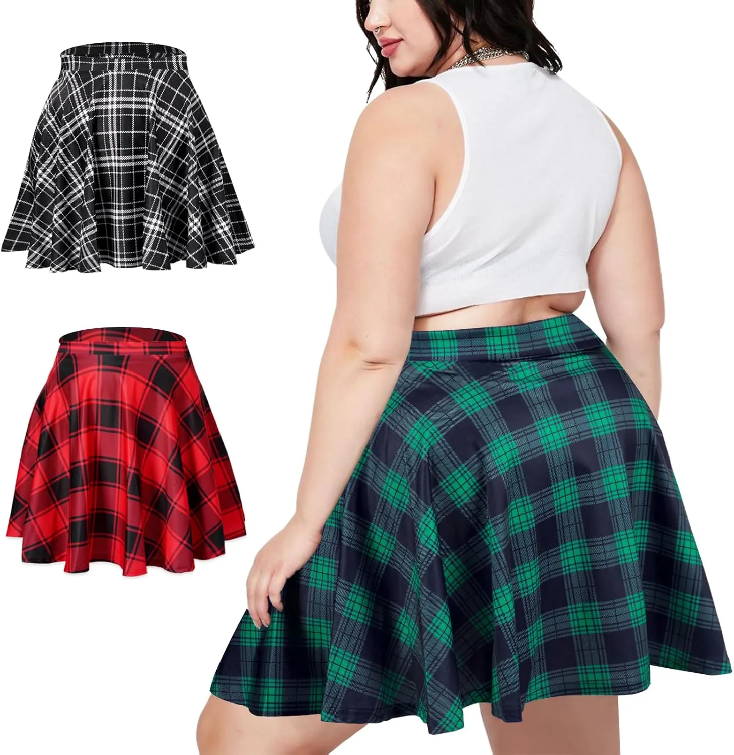 Women's Plus Size Mini Plaid Skirt- Basic High Waisted Flared Casual Stretchy Pleated Skater Skirts