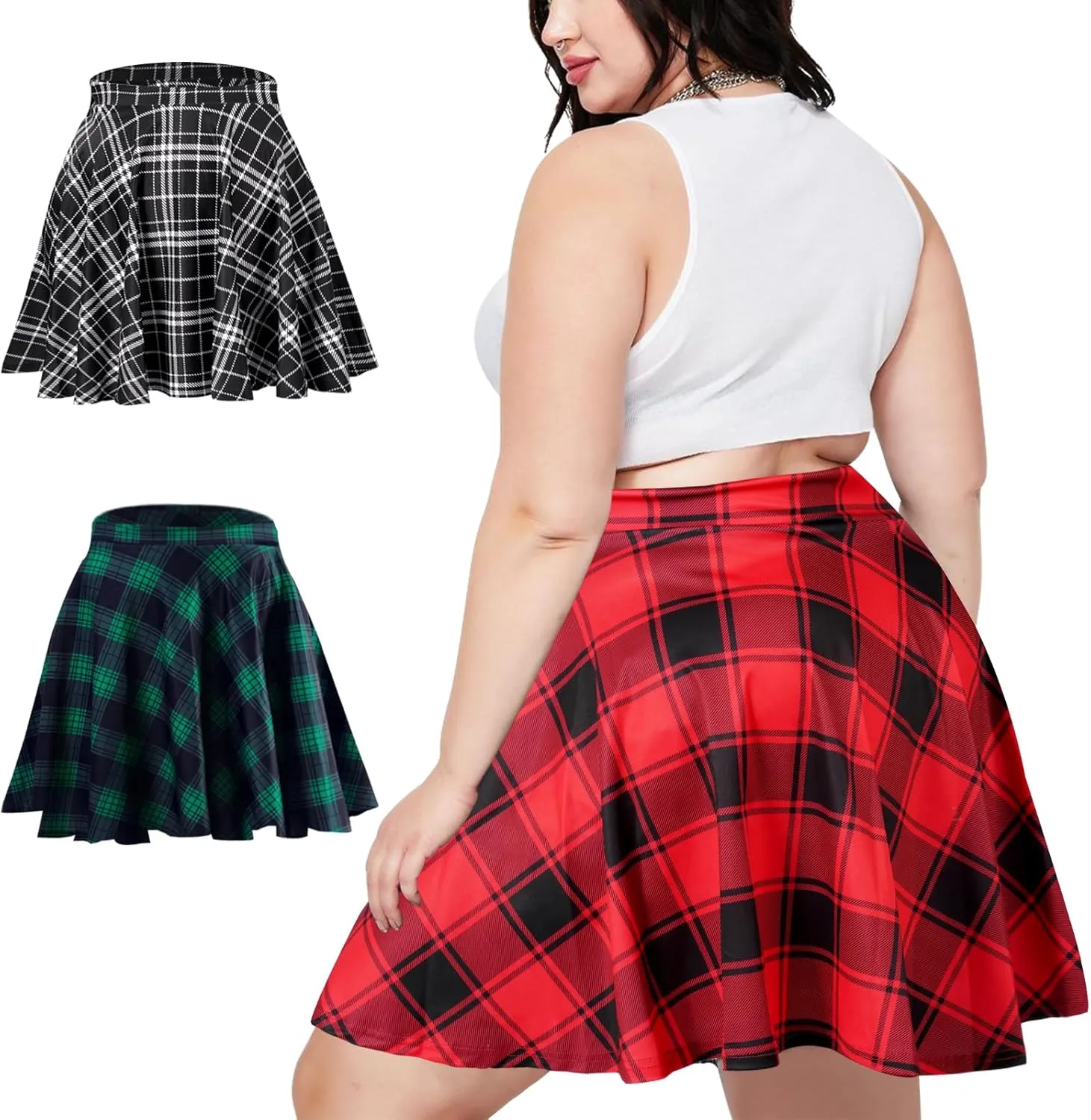 Women's Plus Size Mini Plaid Skirt- Basic High Waisted Flared Casual Stretchy Pleated Skater Skirts