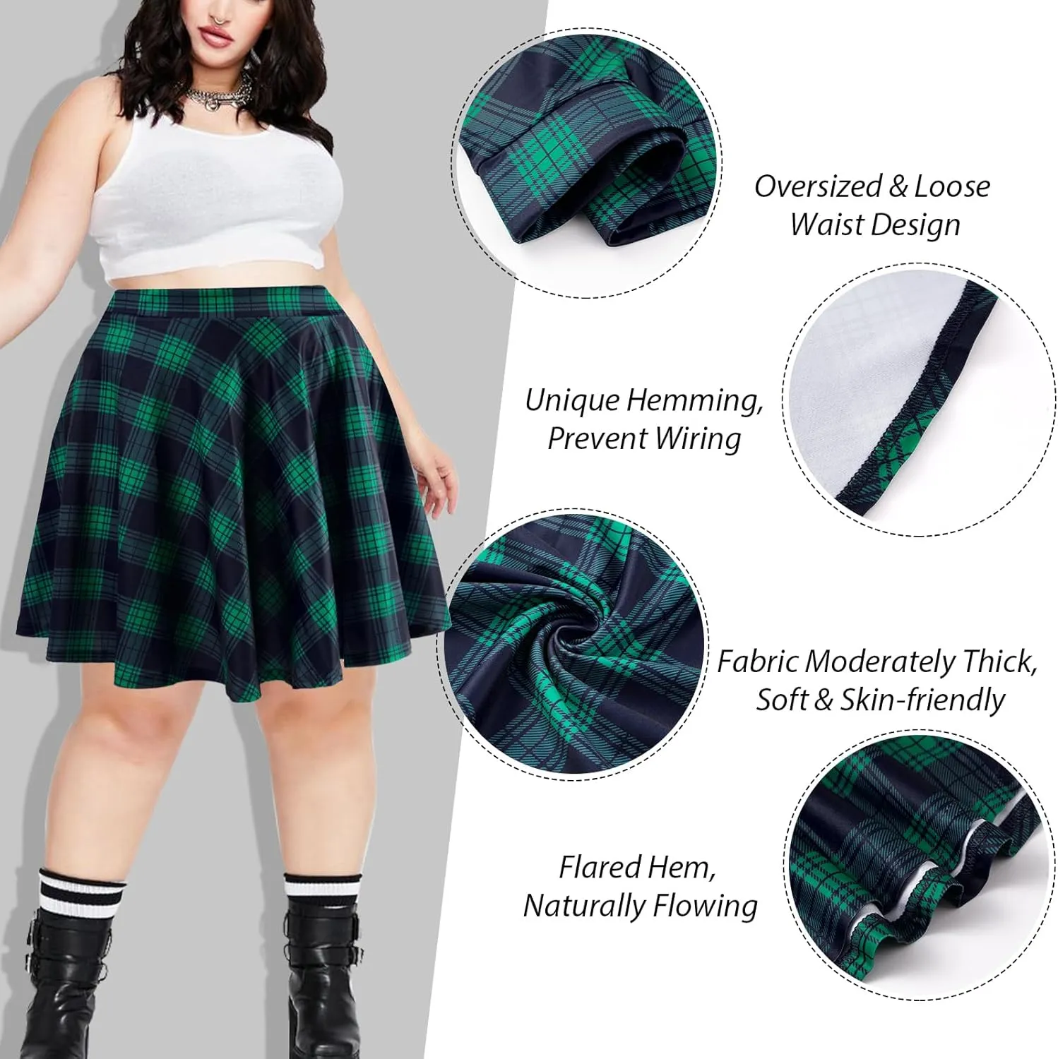 Women's Plus Size Mini Plaid Skirt- Basic High Waisted Flared Casual Stretchy Pleated Skater Skirts