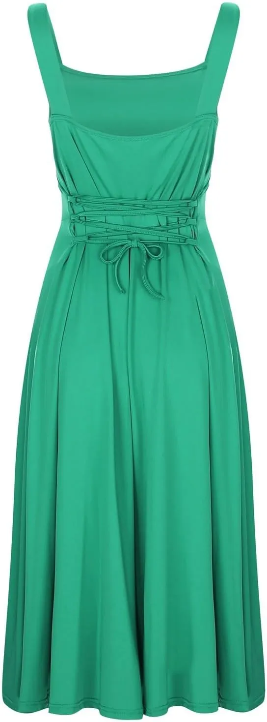 Women's Solid Color Thick Shoulder Strap Slim Fit Lace Up Waist Dress Casual Skirt Womens Beach Maxi