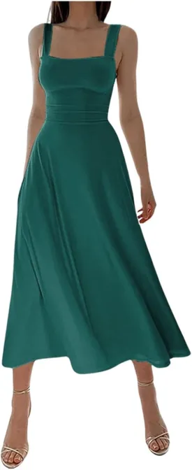 Women's Solid Color Thick Shoulder Strap Slim Fit Lace Up Waist Dress Casual Skirt Womens Beach Maxi