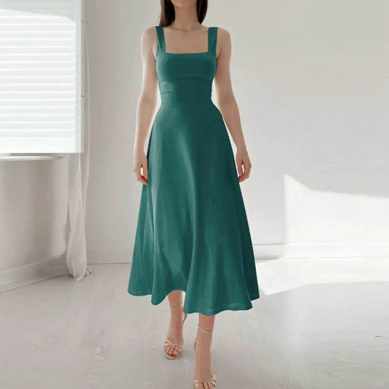 Women's Solid Color Thick Shoulder Strap Slim Fit Lace Up Waist Dress Casual Skirt Womens Beach Maxi