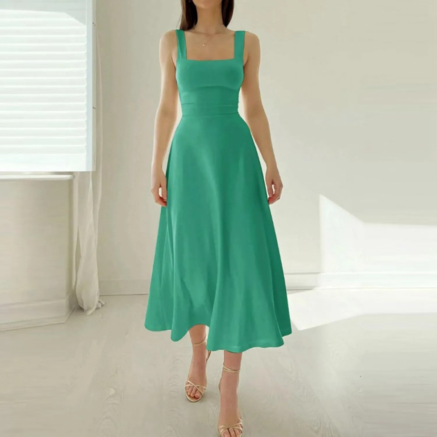 Women's Solid Color Thick Shoulder Strap Slim Fit Lace Up Waist Dress Casual Skirt Womens Beach Maxi