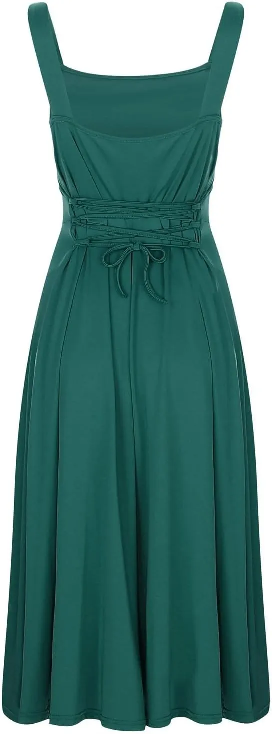Women's Solid Color Thick Shoulder Strap Slim Fit Lace Up Waist Dress Casual Skirt Womens Beach Maxi