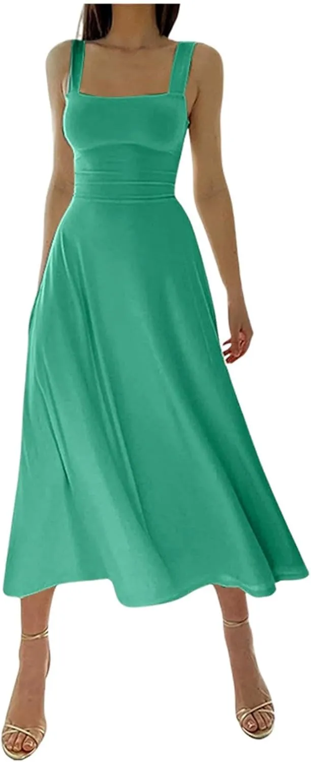 Women's Solid Color Thick Shoulder Strap Slim Fit Lace Up Waist Dress Casual Skirt Womens Beach Maxi
