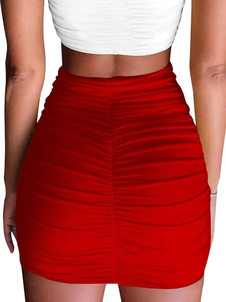 Women's Stretch High Waist Ruched Bodycon Double Layer Casual Mini Skirt